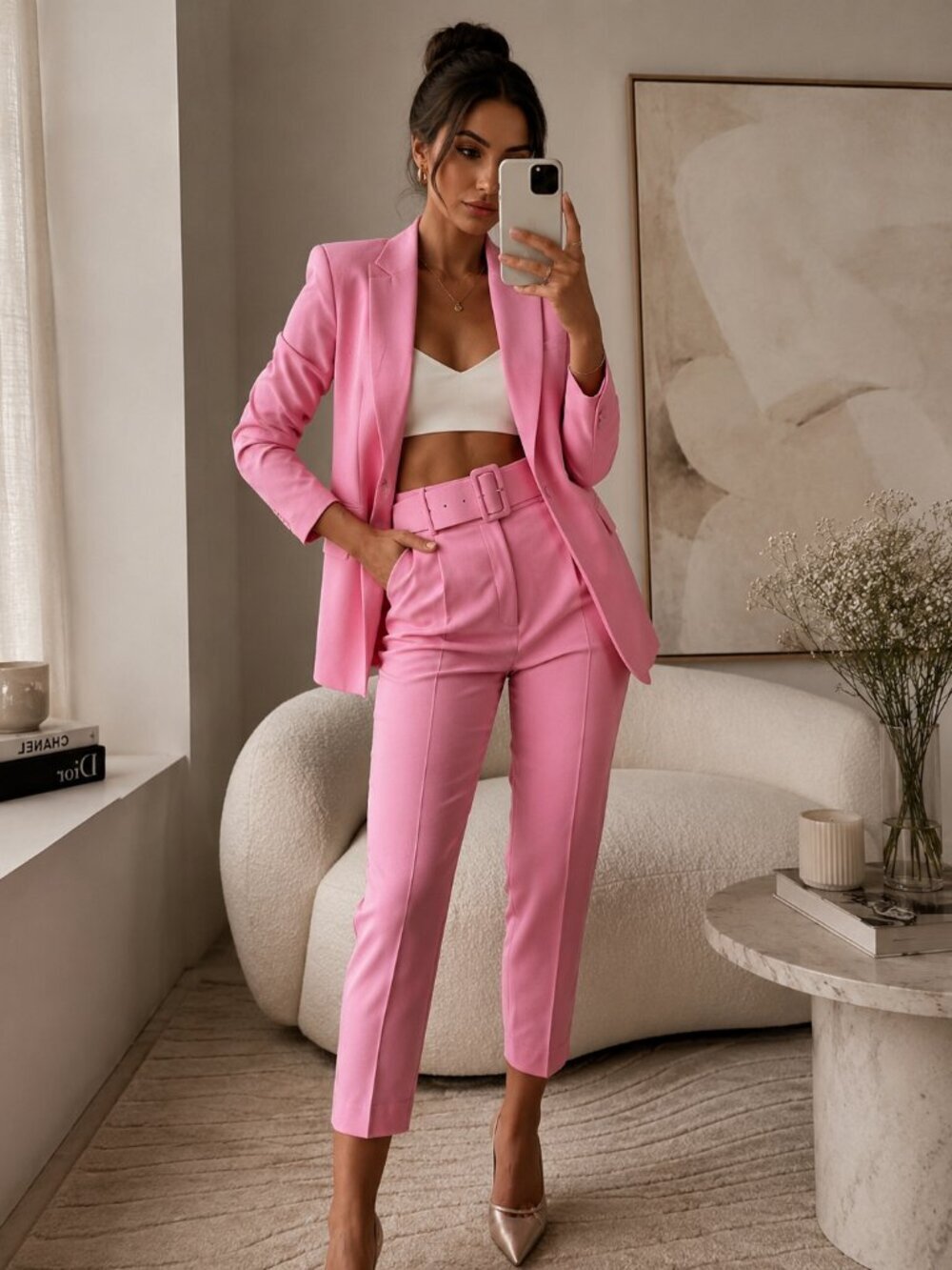 Zara SET Fitted Blazer Jacket Fitted Pant Belted Barbie Pink Blogger Size XS
